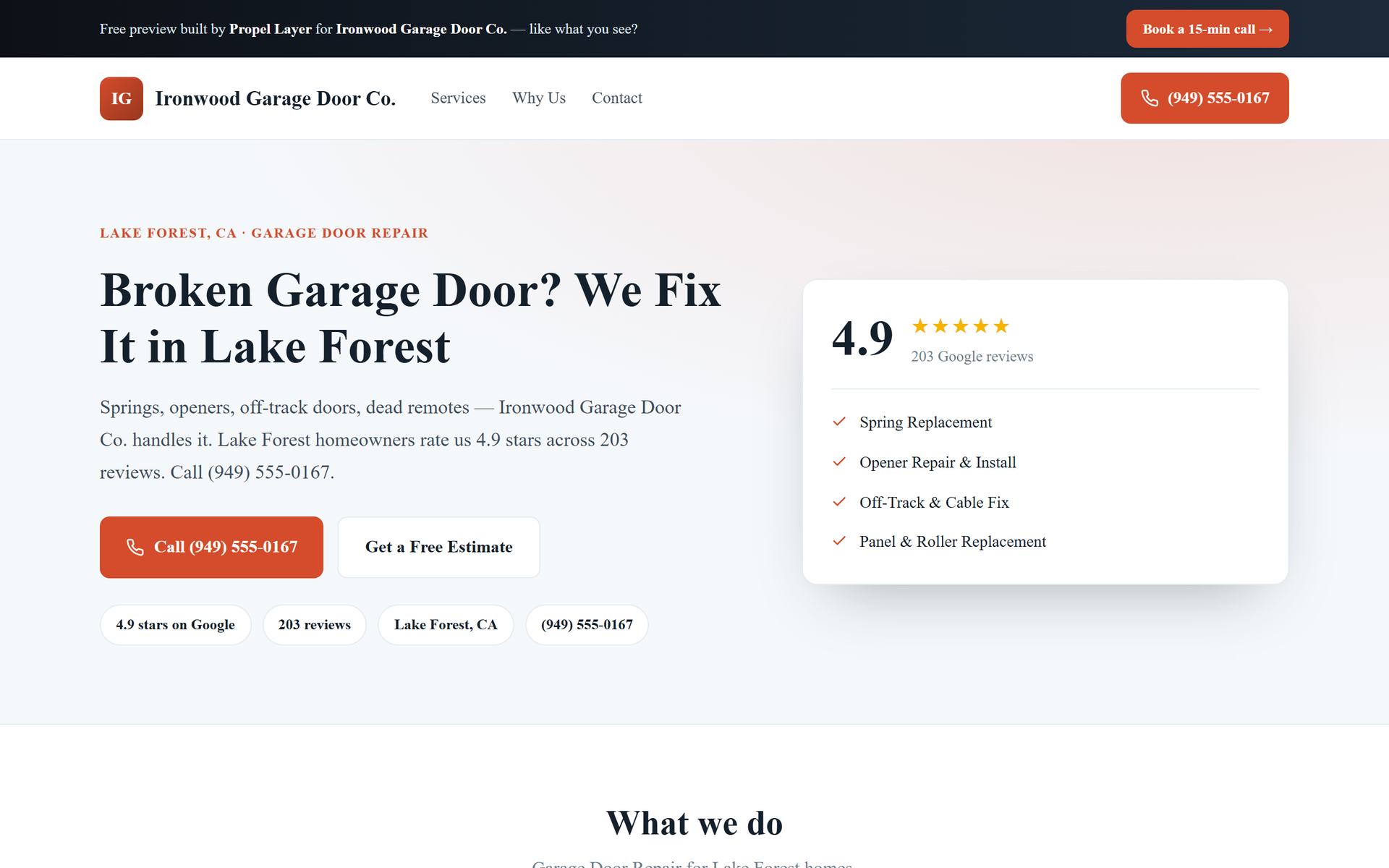 Sample concept website for a fictional Lake Forest garage door company: urgent broken-door headline, tap-to-call buttons, and a 4.9-star Google reviews card beside the services list