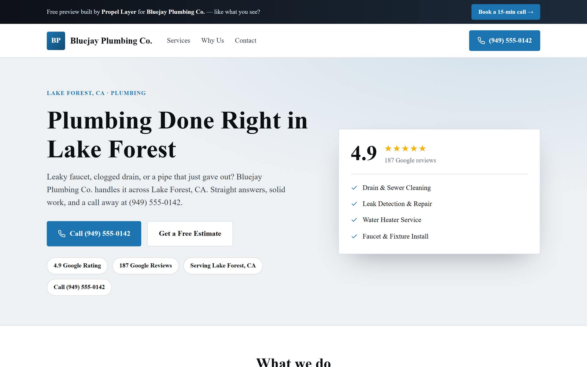 Sample concept website for a fictional Lake Forest plumbing company: bold headline, tap-to-call button, and Google reviews front and center