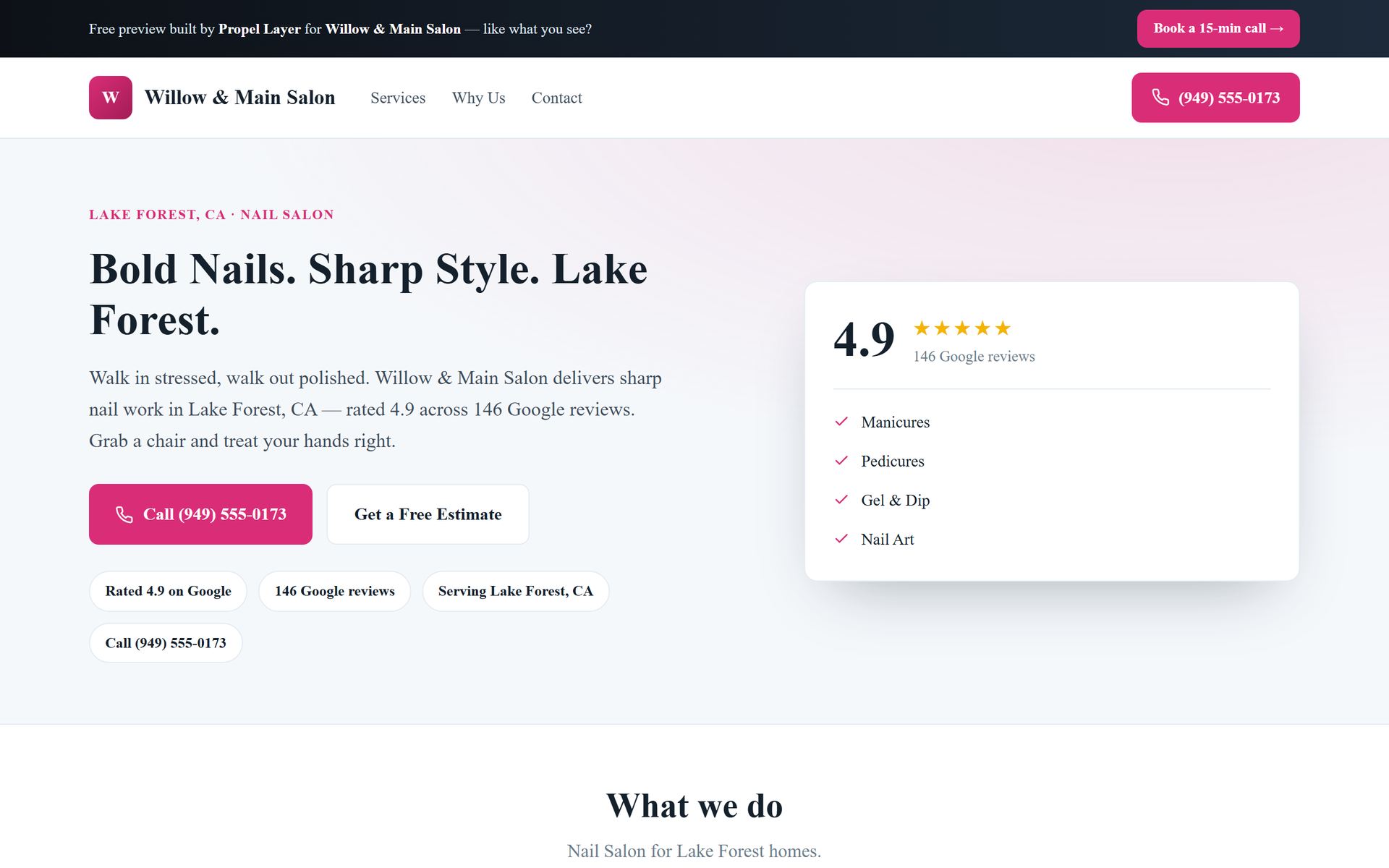 Sample concept website for a fictional Lake Forest nail salon: bright design with pink accents, services list, and booking buttons